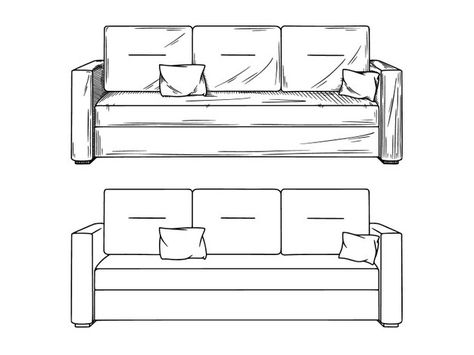 Sofa Perspective Drawing, Sofa Drawing Sketch, Sofa Drawing Reference, Couch Sketch, Room Sketch Drawing, How To Draw A Sofa, Sofa Sketch, How To Draw A Bed, Couch Drawing