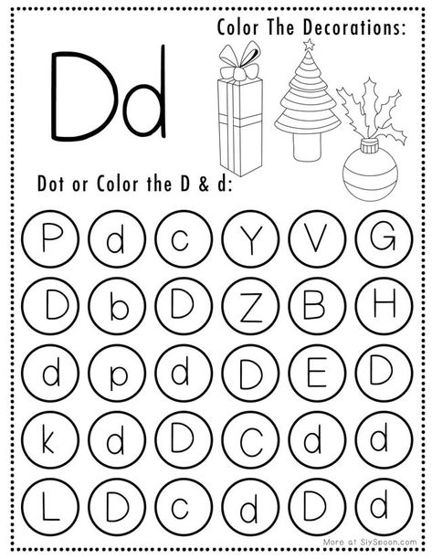 Letter Dot Printables Free, Prek Lessons, Christmas Worksheets Kindergarten, Letter D Worksheet, Letter D Crafts, Flamingo Craft, Letter Recognition Activities, Dot Worksheets, Christmas Worksheets