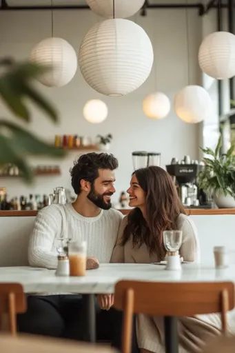 ↑↑↑ Larger size on website 🔸 A couple sits across from each other at a table in a cafe, gazing into each other's eyes. The cafe i Couple At Coffee Shop Aesthetic, Couple Shoot In Cafe, Cafe Couple Poses, Coffee Date Photoshoot, Cafe Photoshoot Ideas, Couple Drinking Coffee, Coffee Shop Photoshoot, Backgrand Instagram, Romantic Connection