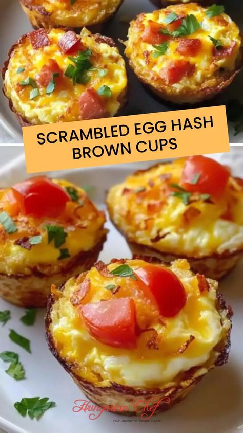 Scrambled Egg Hash Brown Cups – Hungarian Chef Eggs And Hashbrowns In Muffin Tin, Hashbrown And Eggs Skillet, Breakfast Egg Cups, Hash Brown Egg Cups, Scrambled Egg Muffins, Hash Brown Cups, Breakfast Eggs Scrambled, Campfire Breakfast, Homemade Hashbrowns