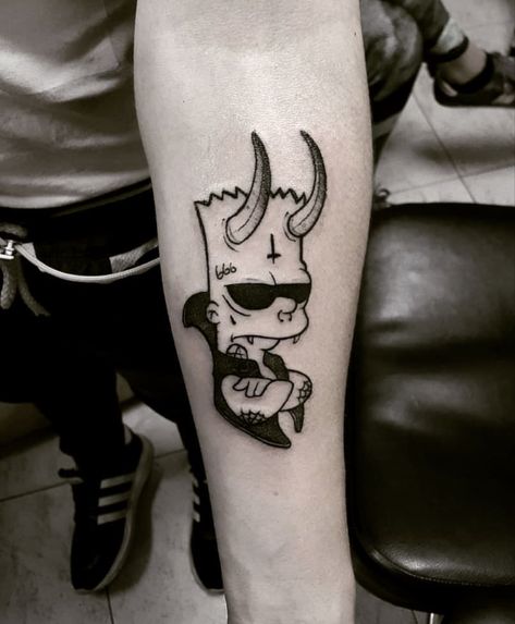 Small Ski Mask Tattoo, Bart Simpson Tattoo Design, Isometric Tattoo, Simpsons Flash Tattoo, Bart Simpson Tattoo, Simpson Tattoo, Cartoon Tattoo Ideas, Simpsons Tattoo, Animated Shows