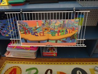 Little Stars Learning: Wire Shelf as Big Book Holder Big Book Storage, Prek Art, Kindergarten Organization, Cactus Classroom, Kinder Centers, Daycare Organization, Organized Classroom, Preschool Circle Time, Library Organization