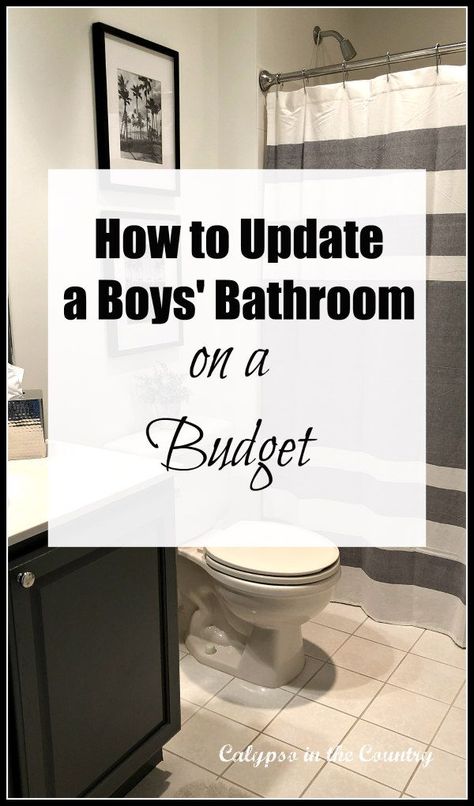 How to decorate a boys bathroom on a budget.  Simple changes using paint and accessories to transform an outdated kids bathroom to a sophisticated teen boys bathroom!  #boysbathroom #bathroomideas #bathroommakeover #makeover #makeoverideas #beforeandafter Small Male Bathroom Ideas, Small Men Bathroom Ideas, Youth Bathroom Ideas, Teen Boys Bathroom Shower Curtain, Man’s Bathroom, Shared Bathroom Ideas For Teens, Teen Boy Bathroom Decor, Young Adult Bathroom Ideas, Navy Small Bathroom