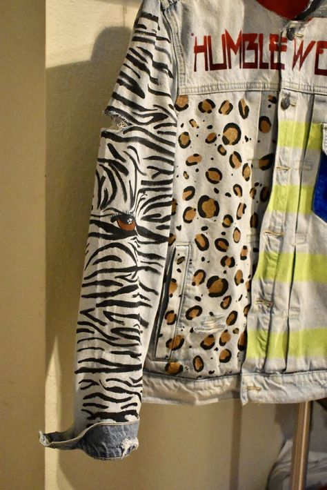 Custom Hand Painted Multi-Design One-of-a-kind Denim Jacket: Animal Print/Zebra Stripes, Neon Stripes, Blue Pocket & a Red Bottom Collar. Denim Jacket Custom Ideas, Diy Clothes Transformation, Denim Jacket Diy Paint, Denim Jacket Embroidery, Customised Denim Jacket, Diy Denim Jacket, Custom Denim Jacket, Animal Print Outfits, Painted Jacket