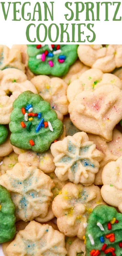 Butter Spritz Cookies, Cookie Press Recipes, Christmas Spritz Cookies, Spritz Cookie Recipe, Vegan Christmas Cookies, P Design, Vegan Christmas Recipes, Spritz Cookies, Vegan Holidays