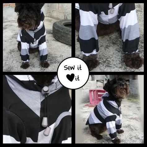 FREE sewing pattern for this long sleeve sports hoodie pullover shirt / sweater for any size dog! Upcycle / recycle your tshirt! 35 DIY Dog Coats Dog Upcycle, Free Dog Clothes Patterns, Diy Dog Clothes, Diy Dog Sweater, Puppy Things, Dog Clothes Patterns Sewing, Dog Sewing, Dog Coat Pattern, Dogs Clothes