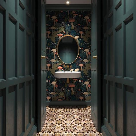 Modern Powder Rooms ideas and Design Inspiration 2024 Small Moody Powder Room Ideas, Statement Half Bath, Modern Wallpaper Powder Room, Bold Powder Room Ideas, Eccentric Wallpaper, Dark Moody Powder Room, Powder Rooms Ideas, Modern Powder Room Ideas, Dark Powder Room