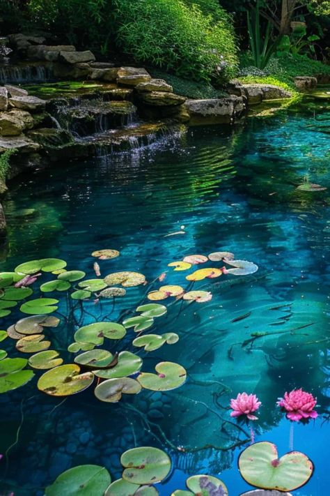 How To Make Your Pond Water Blue - Water Garden Advice Natural Pool Aesthetic, Blue Pond Aesthetic, Nature Photography Water, Lotus Flower In Pond, Lotus Pond Garden, Fantasy Fountain, Clear Pond Water, Aesthetic Pond, Pond With Lily Pads