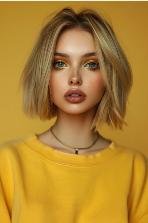 Young woman with striking amber eyes and freckles, wearing a yellow top against a matching yellow background. Trendy Womens Haircuts, Brunette Hair Cuts, Chin Length Cuts, Chin Length Haircuts, Chin Length, Chin Length Hair, 인물 드로잉, Haircuts With Bangs, Medium Length Hair Cuts