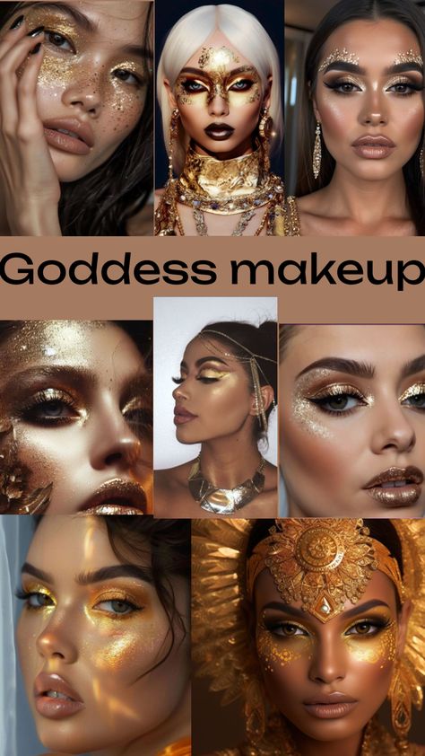 #makeup #makeupinspo #makeupideas #goddesss #gold #goddessmakeup #beautiful #glamorous #sparkles #styleinspo #beauty Goddess Makeup Halloween, Greek Goddess Makeup Look, Moon Goddess Makeup, Gold Goddess Makeup, Persephone Makeup, Greek Goddess Makeup, Goddess Makeup Look, Greek Makeup, Egypt Makeup