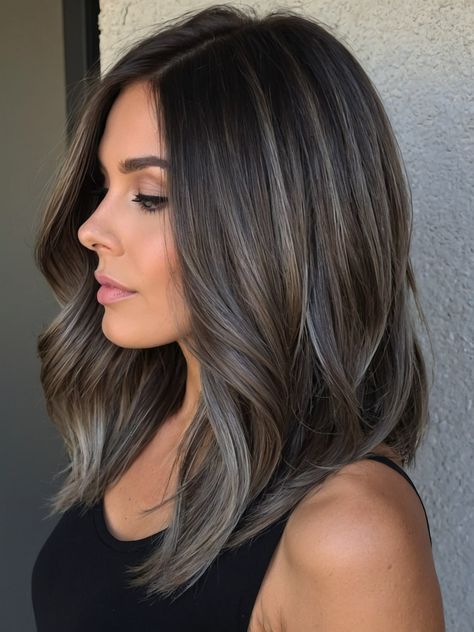 Modern Balayage Hair, Taupe Highlights On Dark Hair, Traditional Highlights On Dark Hair, Cool Ash Highlights On Dark Hair, Dark Hair With Grey Highlights Silver, Medium Ash Balayage, Dark Hair To Hide Gray, Cool Ashy Brown Hair Balayage, Brown Cool Balayage