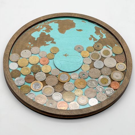 Display your collection of foreign currency, challenge coins or pressed pennies with this DIY coin holder that mounts on the wall! Display Coins From Travel, Traveler Room Decor, Coins Collection Display Ideas, How To Display Foreign Currency, Displaying Collections Room Walls, Foreign Coin Display, Coin Collection Display Ideas, Display Memorabilia Ideas, Foreign Currency Display Ideas