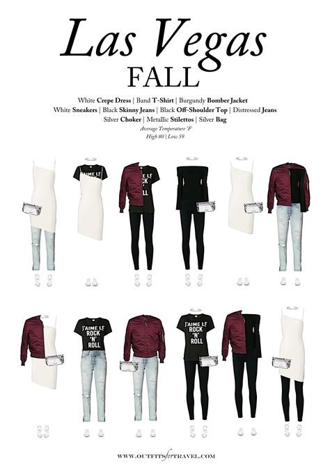 This 10-piece fall packing guide for Las Vegas was developed to make packing easier for travelers. With on-trend styles, our fall capsule travel wardrobe has sexy and sporty styles that combine to make some really cool outfits for Las Vegas in September, October and November. #fashion #Vegas #capsulewardrobe #fallfashion Las Vegas Wardrobe, Travel To Vegas Outfit, Las Vegas Wardrobe Weekend, Vegas Capsule Wardrobe Fall, Vegas Capsule Wardrobe Winter, Packing For Vegas In September, Vegas Wardrobe Capsule, Las Vegas Fall Outfit Ideas 2022, Vegas Fall Outfit Ideas Casual