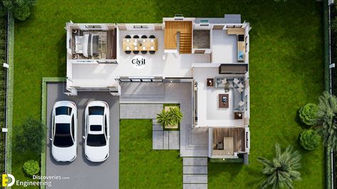 House Plans 4 Bedroom, House Plans 2 Storey, L Shaped House Plans, House Plans 2 Story, Shaped House, L Shaped House, Modern Tropical House, Two Story House Design, Wooden House Design