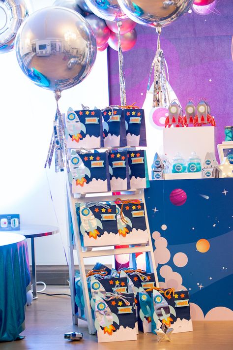 Blast Off Rocketship Favor Bags Astronaut Birthday Party Ideas, Space Party Favors, Space Themed Birthday Party, Explorer Party, Adventure Birthday Party, Vintage Party Ideas, Space Themed Birthday, Space Party Decorations, Galaxy Party