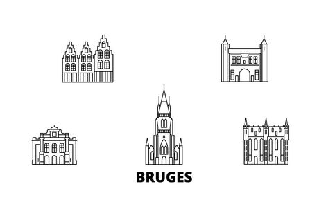 Belgium, Bruges line travel skyline set. Belgium, Bruges outline city vector panorama, illustration, travel sights, landmarks, streets. Belgium Tattoo Ideas, Belgium Tattoo, Panorama Illustration, Belgium Bruges, House Outline, Illustration Travel, Bullet Journal Quotes, City Icon, City Vector