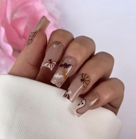 Fall Boujie Nails, Nails Design For Fall Autumn, October Nails Ballerina, Fall Gel Nails Designs Leaves, Autumn Coffin Acrylic Nails, Brown October Nails, Brown Nails Fall Art Designs, Pumpkin Nails Almond Shape, Brown Fall Halloween Nails