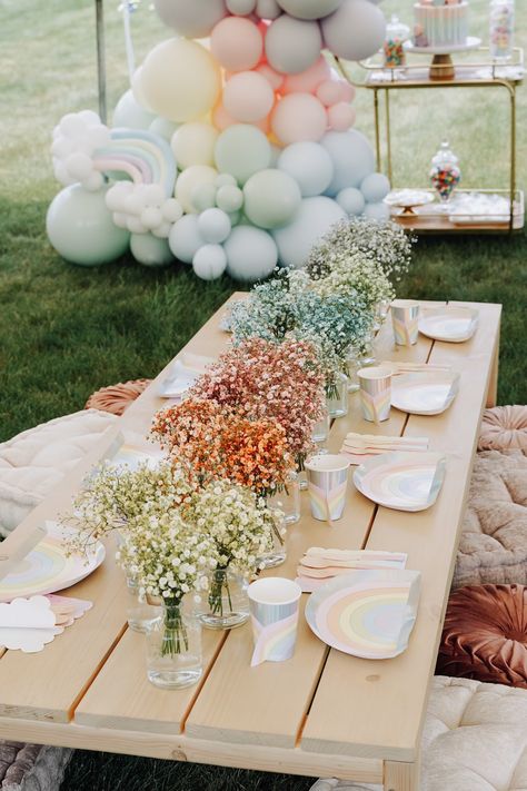 RAINBOW – gather event planning Pastel Rainbow Party Food Ideas, Pastel Party Centerpieces, Pastel Rainbow Table Setting, 2nd Birthday Rainbow Theme, Baby Shower Ideas Rainbow Theme, Pastel Centerpieces Birthday, Pastel Rainbow Baby Shower Theme, Rainbow Baby Baby Shower Ideas, Pastel Party Table