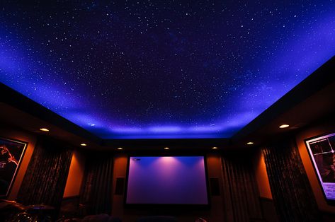 "100% of the benefits of being outside with 0% of the gnats" - a perfect movie room! Theater Ceiling, Starry Ceiling, Ceiling Murals, Star Ceiling, At Home Movie Theater, Diy Ceiling, Attic Renovation, Attic Remodel, Home Theater Rooms