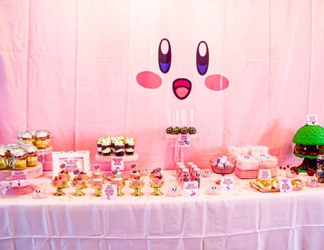 Kirby / Birthday "Morgan's Kirby Birthday Party" | Catch My Party Kirby Birthday Decorations, Kirby Themed Birthday, Kirby Decorations, Kirby Birthday Party Decorations, Kirby Birthday Party Ideas For Boys, Kirby Party Ideas, Kirby Snacks, Kirby Cupcakes, Kirby Party Decorations