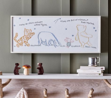 disney-winnie-pooh-embroidered-art Literature Themed Nursery, Gender Neutral Nursery Disney, Subtle Winnie The Pooh Nursery, Nursery Rhyme Nursery Theme, Baby Boy Winnie The Pooh Nursery, Baby Nursery Winnie The Pooh, Winnie The Pooh Bedroom Ideas, Simple Winnie The Pooh Nursery, Disney Boy Nursery