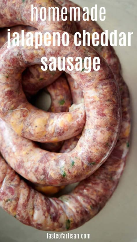 The juiciest and most flavorful Jalapeno Cheddar Sausage made from scratch with sharp cheddar cheese and fresh jalapeños, ground pork, beef and smoked bacon. Flavored with garlic, pepper, onion, sage and mustard. Incredibly juicy and delicious. Cheddar Cheese Sausage Recipes, Jalapeno Cheddar Venison Sausage, Making Your Own Sausage, Make Homemade Sausage, Homemade Sausage Links With Casing, Sausage Making Recipes Pork, Jalapeno Smoked Sausage Recipes, Wild Game Sausage Recipes, Beef Sausages Recipe