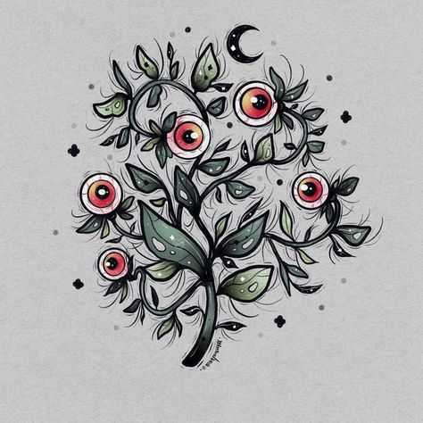 Creepy Flower Art, Eye Plant Drawing, Grunge Plant Tattoo, Plant Surrealism, Halloween Botanical, Plant Background Drawing, Eyeball Plant Drawing, Spooky Plants Drawing, Spooky Plant Tattoo