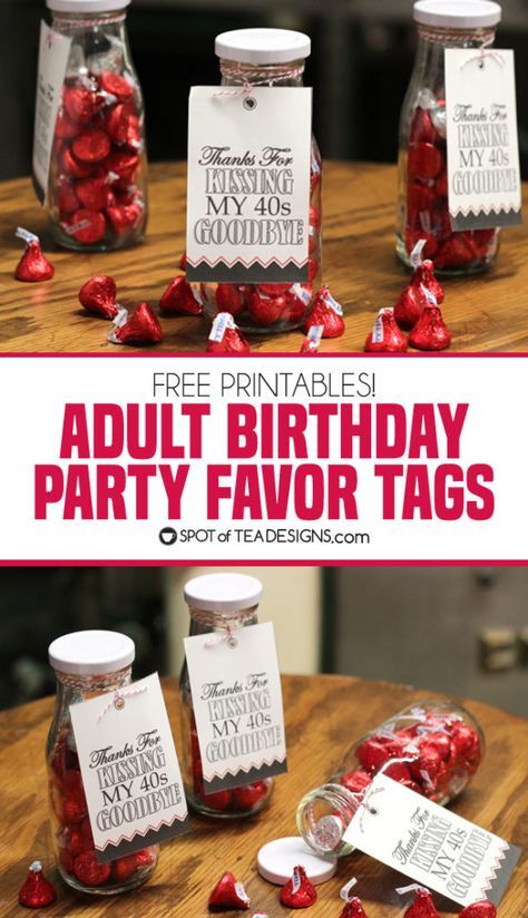 Adult birthday party favors - kissing the decade goodbye. Free printables available! | spotofteadesigns.com Party Favors For 60th Birthday Mom, 50th Birthday Party Favours, 70th Birthday Favors Ideas, 50th Birthday Party Favors Men, 40th Party Favors, Party Favors 50th Birthday, 60th Party Favors, 90th Birthday Party Favors, 60th Birthday Favors