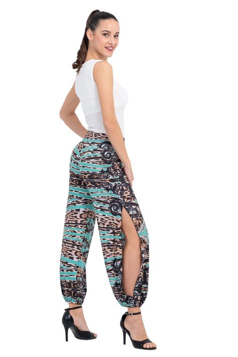 Argentine Tango pants, Petrol green mixed print pants, Babucha dance pants, Leopard print pants with slits, Latin gathered ankle cuff pants by conDiva on Etsy Tango Pants, Tango Outfit, Cuff Pants, Abstract Animal Print, Leopard Print Pants, Milonga, Argentine Tango, Dance Pants, Dance Tops