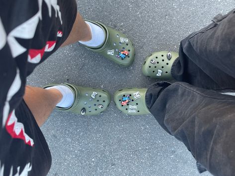 Green Crocs Aesthetic, Matching Crocs With Boyfriend, Matching Crocs With Bf, Matching Crocs For Couples, Green Crocs Outfit, Army Green Crocs, Couple Crocs, Matching Crocs, Crocs Outfit Men