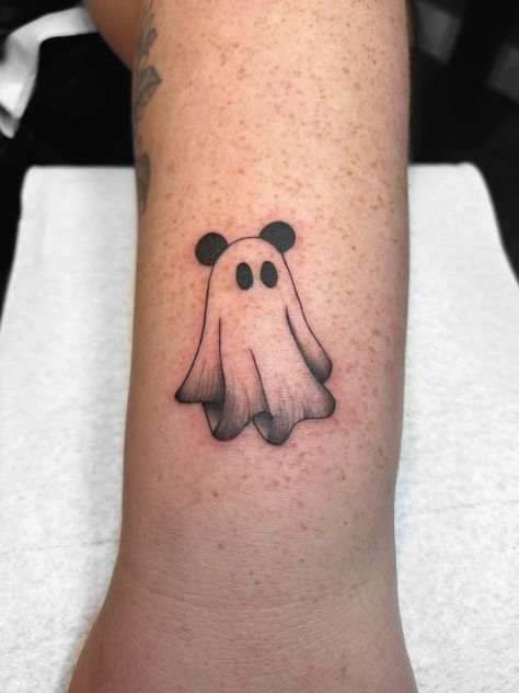 Ghost With Mickey Ears, Halloween Disney Tattoo Ideas, Mickey Mouse Pumpkin Tattoo, Mickey Mouse Halloween Tattoo, Halloween Mickey Tattoo, Small Disney Halloween Tattoos, Disney Ghost Tattoo, Mickey Pumpkin Tattoo, Mickey Ghost Tattoo