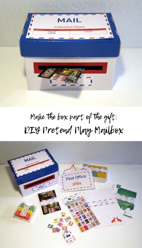 Make the box part of the gift: DIY Pretend Play Mailbox. Include a Mail Kit in the box with letter paper, postcards, envelopes, stamp stickers and self-inking stamps. Pretend Play Mailman, Diy Paper Mail Boxes, How To Make A Mailbox Out Of Paper, Pretend Mailbox Ideas, Mail Gift Box Ideas, Paper Mailbox Craft, Classroom Mailbox Ideas Diy, How To Make A Mailbox Out Of Cardboard, Kids Mailbox Ideas