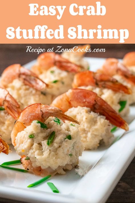 Easy Crab Stuffed Shrimp are delicious, decadent and impressive. Large shrimp are butterflied and filled with a cream cheese, crab and chive filling, then baked to perfection. This dish makes a great appetizer for a small dinner party. It also works great as a lunch, dinner, or romantic date night meal for two. #crab #shrimp #stuffed #seafood #appetizer #dinnerfortwo #lunchfortwo Crab And Shrimp Recipe, Baked Stuffed Shrimp, Small Dinner Party, Baked Shrimp Recipes, Stuffed Shrimp, Crab Dishes, Crab Stuffed, Crab Stuffed Shrimp, Shrimp Appetizers