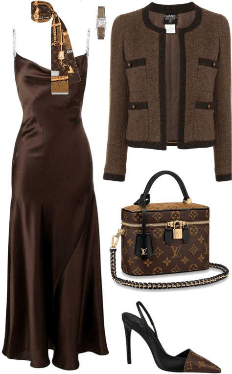 Chic Brown Outfit, Brown Elegant Outfit, Brown Dress Outfit Formal, Outfit Ideas Elegant Chic, Dark Brown Dress Outfit, Brown Dress Outfit Ideas, Brown Elegant Dress, Dark Brown Outfit, Silk Dress Outfit Classy