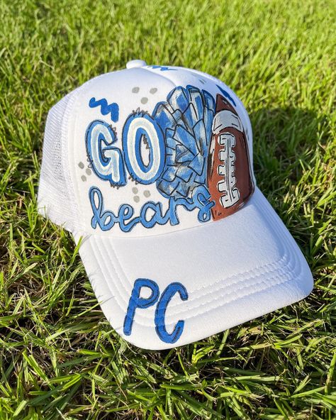 Isn’t this the cutest team trucker hat!! I love 🩷🦋🫶🏼 Message me to order!! 🌟 #gobears #truckerhat #custom #art #customtruckerhat #smilelikehadleigh Hand Painted Hats Design, Hand Painted Trucker Hats, Cute Trucker Hats, Painted Trucker Hats, Trucker Hat Diy, Trucker Hat Ideas, Diy Trucker Hat, Painting Hats, Painted Apparel