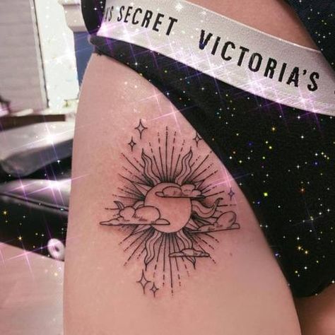 Cloud Sun And Moon Tattoo, Traditional Sun And Clouds Tattoo, Cloud Hip Tattoo, Moon And Rain Tattoo, Sun Rain Tattoo, Hip Sun Tattoo, Star And Cloud Tattoo, Sun And Moon Hip Tattoo, Sun Thigh Tattoo