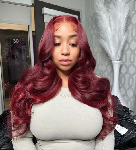 prettywithpatrice Red Weave Hairstyles, Frontal Wig Hairstyles, Red Hair Inspo, Quick Weave Hairstyles, Quick Braided Hairstyles, Cool Braid Hairstyles, Hair Ponytail Styles, Burgundy Hair, Burgundy Lace