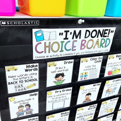 I am creating an “I’m Done!” choice board with activities that you can change out each month! The set will include everyday activities… Classroom Organization Elementary, Fast Finisher Activities, Classroom Goals, Choice Board, Decor Organization, Elementary Classroom Decor, Fast Finishers, Classroom Organisation, 3rd Grade Classroom