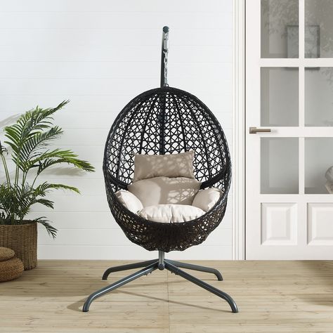 Traverse Indoor/Outdoor Hanging Egg Chair - Brown | Value City Furniture Hammock Stands, Boho Patio, Hanging Chair Outdoor, Hanging Egg Chair, Chair Frame, Bean Bag Chair Kids, Patio Lounge Chairs, Value City Furniture, Swing Chair