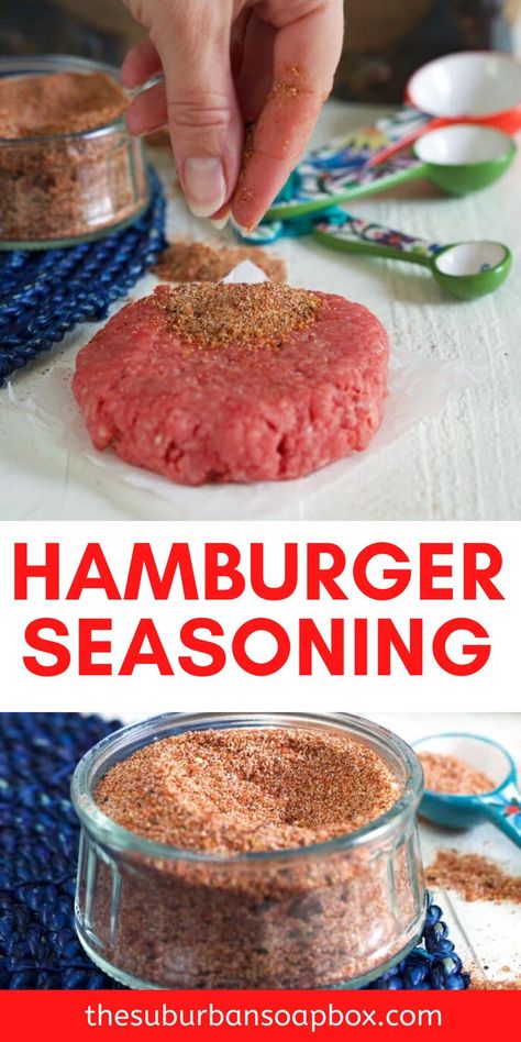 No burger is ever complete without this easy homemade Hamburger Seasoning! Sprinkle this delicious mix of spices on top of ANY burger patty to elevate it to a whole new level of delicious. Make this mouthwatering burger seasoning for your next backyard barbecue! Best Hamburger Seasoning, Hamburger Spices, Burger Recipes Seasoning, Burger Spice, Sizzle Steak Recipes, Steak Dinners, Recipes Steak, Homemade Dry Mixes, Dry Rub Recipes