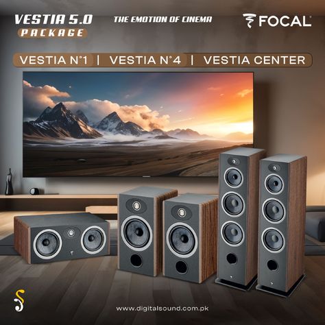 The Focal Vestia 5.0 Home Theatre system delivers exceptional audio quality with its finely tuned speakers, designed for immersive sound experiences. Featuring a combination of floorstanding and center speakers, it offers rich bass and crystal-clear highs for movies and music alike. Its elegant design seamlessly fits into any living space, enhancing both aesthetics and performance. Perfect for audiophiles! Center Speaker, Home Theatre, Home Theater System, Audiophile, Home Theater, Crystal Clear, Elegant Design, Theater, Bass