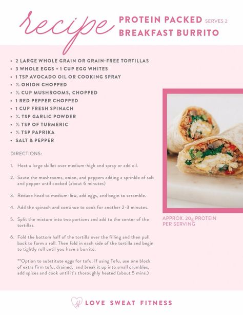 Booty Builder Breakfast Burrito - Love Sweat Fitness Love Sweat Fitness, Workout Meal Plan, Breakfast Burrito, Summer Recipes Dinner, Health Nut, Food Drinks Dessert, Whole Eggs, Breakfast Burritos, Low Calorie Recipes