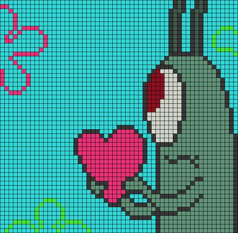 Alpha pattern #30647 variation #31095 | BraceletBook Plankton Pixel Art, Funny Pixel Art Grid, Summer Alpha Patterns, Spongebob Alpha Pattern, Pixel Grid Crochet Pattern, Plankton Heart, Crochet Alpha Pattern Easy, Simple Alpha Patterns Crochet, Spongebob Cross Stitch