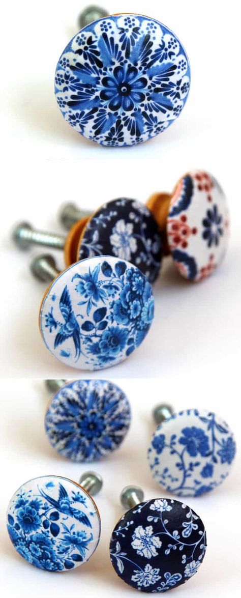 5-minute designer knobs. Although this author leaves out a number of actual 'decoupage' steps, these are a fairly easy and nifty re-do of plain wooden furniture knobs. Anthropologie Knobs, Wood Drawer Knobs, Furniture Chest, Hardware Ideas, Hand Painted Dressers, Diy Knobs, Drawer Furniture, Mod Podge Crafts, Decoupage Wood