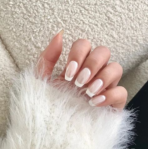 Chrome Effect Milky White and White French Medium Length - Etsy Canada White Chrome French Tip Nails Coffin, Milky White Chrome Nails Square, Ballerina Nails Medium Length, Milky White French Nails, Milky White Chrome Nails, White Almond Nails, White Chrome Nails, White French Nails, Solar Nails