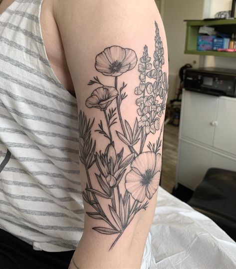 See See on Instagram: “A bouquet melody of poppies, lupines and Indian paintbrushes, So much fun! Thank you, Haley! . . .…” Lupine Bouquet Tattoo, Poppies Tattoo Black And White, Pnw Wildflower Tattoo, Bouquet Wrist Tattoo, Bluebonnet And Indian Paintbrush Tattoo, Lupin Tattoo Flowers, Lupine Flower Tattoo, Indian Blanket Flower Tattoo, Lupine Flowers Tattoo