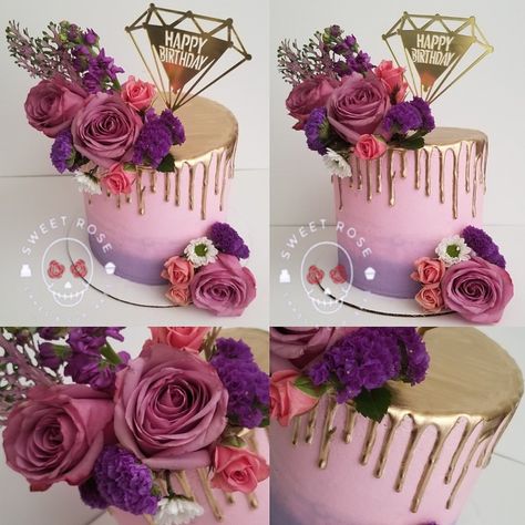 Pink purple gold drip cake Pink Purple And Gold Birthday Cake, 50th Birthday Cake For Women Purple, Pink Purple And Gold Birthday Party, Pink And Purple Birthday Cake For Women, 33rd Birthday Cake For Women, 34th Birthday Cake For Women, Pink And Purple Drip Cake, 33 Birthday Cake For Women, 34 Birthday Cake For Women