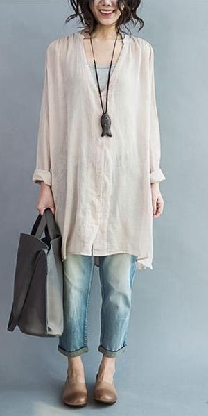 ART CASUAL LOOSE LONG V-NECK COTTON SHIRT WOMEN CLOTHES Tunic Outfit, Nude Tops, Cotton Shirts Women, Oversized Tunic, Tunic Pattern, Blouse Tops, Cotton Shirts, Cotton Blouse, V Neck Blouse