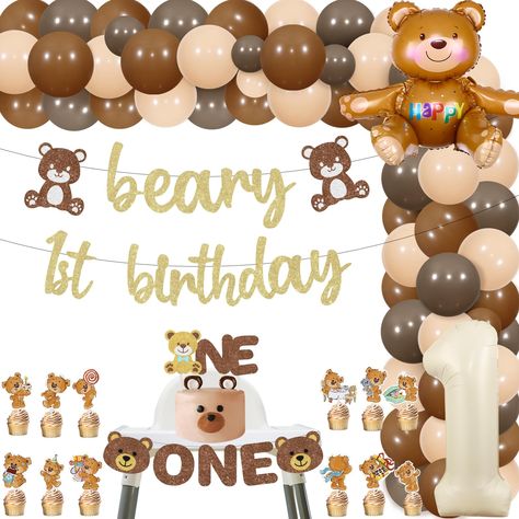 PRICES MAY VARY. Super cute: The brown bear one year old theme decoration will highlight the adorable, the whole party filled with cute bear elements accessories, creating an extremely cute atmosphere, perfect for the first birthday. Exquisite accessories: The one banner accompanied by two cute bears, the cake topper that replaces the letter O in one with a bear, the cupcake topper with a bear theme, and the balloon shaped like a bear are all very exquisite, full of innocence and cuteness, makin Brown Balloon Garland, Beary 1st Birthday, First Birthday Decor, 1st Birthday Banner, Bear Balloon, Boy Birthday Decorations, One Cake Topper, Kid Parties, 1st Birthday Banners