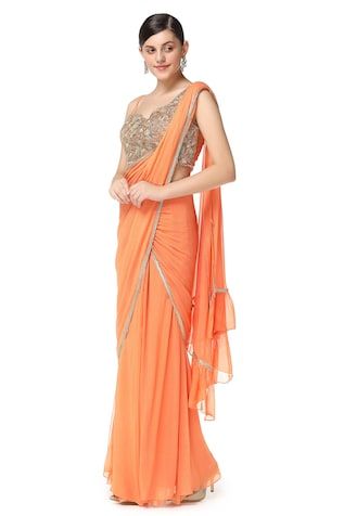 Tiered Lehenga Saree with Blouse Tiered Lehenga, Lehenga Sari, Orange Lehenga, Orange Saree, Net Blouses, Lehenga Saree, Blouse For Women, Embroidered Neckline, Saree With Blouse